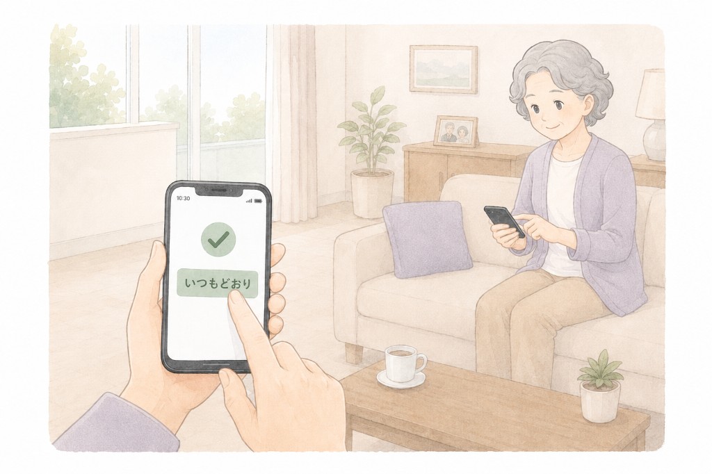 自宅のリビングで、通知から「いつも通り」を1タップする日常のイラスト